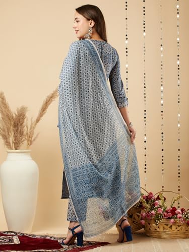 Kurta en coton mélangé chic ANNI DESIGNER ensemble 3 pièces bleu 36