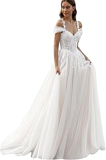 Spaghetti Straps Wedding Dress for Bride Appliques Lace Off Shoulder A L...