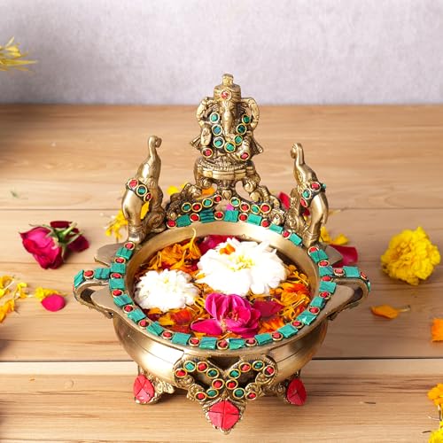 Image of Niyara Handmade Earthenware Clay Decorative Bowl, Urli, Flower Pot (Ganesha Design Golden with Green)