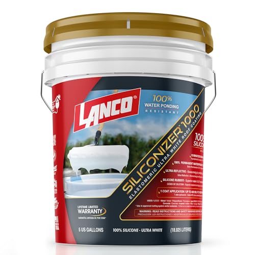 Lanco Siliconizer 1000 White Roof Coating 5 Gallon Ponding Water Resistant Waterproof Roof Sealant for Flat Metal RV & Sloped Roofs