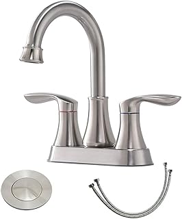 Friho Centerset Lead-Free Modern Commercial 2-Handle Brushed Nickel Bathroom Faucet, 4 inch RV Bathroom Sink Faucet 3 Hole Bath Vanity Faucets with Drain Stopper and Water Hoses