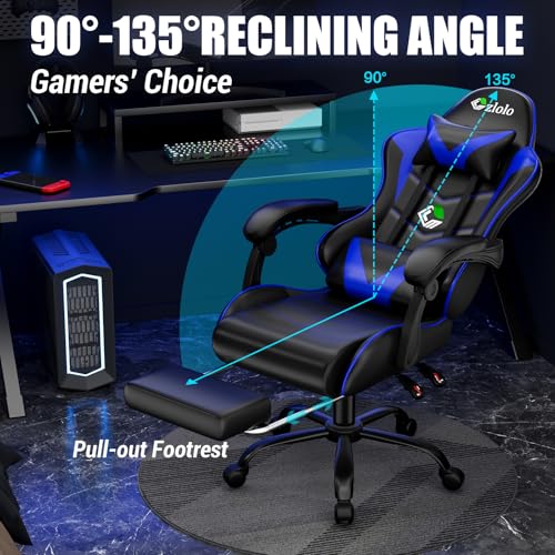 Image of Czlolo Gaming Chair with Footrest Racing Style Lumbar Support Massager Video Game Chair with Metal Legs, High Back Reclining Gamer Chair with Headrest, 360 Swivel Office Computer Desk Chair (Blue)