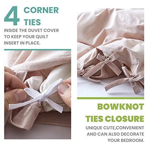 Biselina 100% Washed Cotton Duvet Cover Set 3Pcs With Bowknot Ties Strap Solid Color Linen Like Textured Durable Breathable Soft Comfy Chic Bedding (Queen, Pale Pink) #TOP2