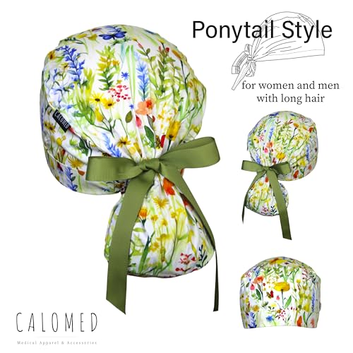 Image of Scrub Cap for Women and Men, Ponytail Scrub Caps, Working Hat, Head Cover with Ribbon Ties and Buttons, Long Hair