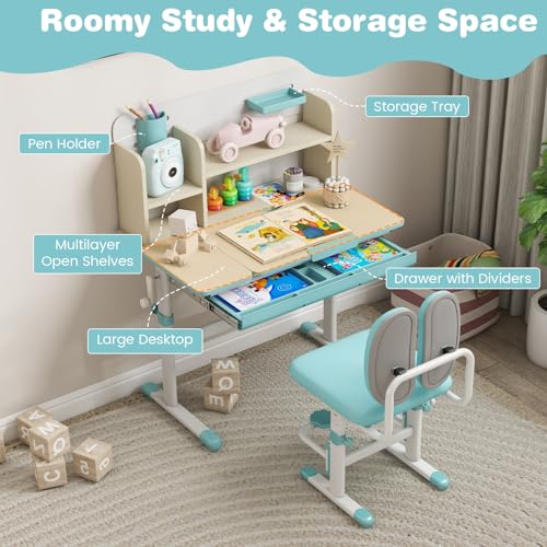 Costzon-Kids-Desk-and-Chair-Set-Height-Adjustable-Children-School-Study-Table-and-Chair-Set-wTilt-Desktop-Storage-Drawer-Hutch-Pen-Holder-Student-Writing-Table-Desk-for-Kids-Boys-Girls-Blue Costzon Kids Desk and Chair Set Height Adjustable Children School Study Table and Chair Set wTilt Desktop Storage Drawer Hutch Pen Holder Student Writing Table Desk for Kids Boys Girls Blue