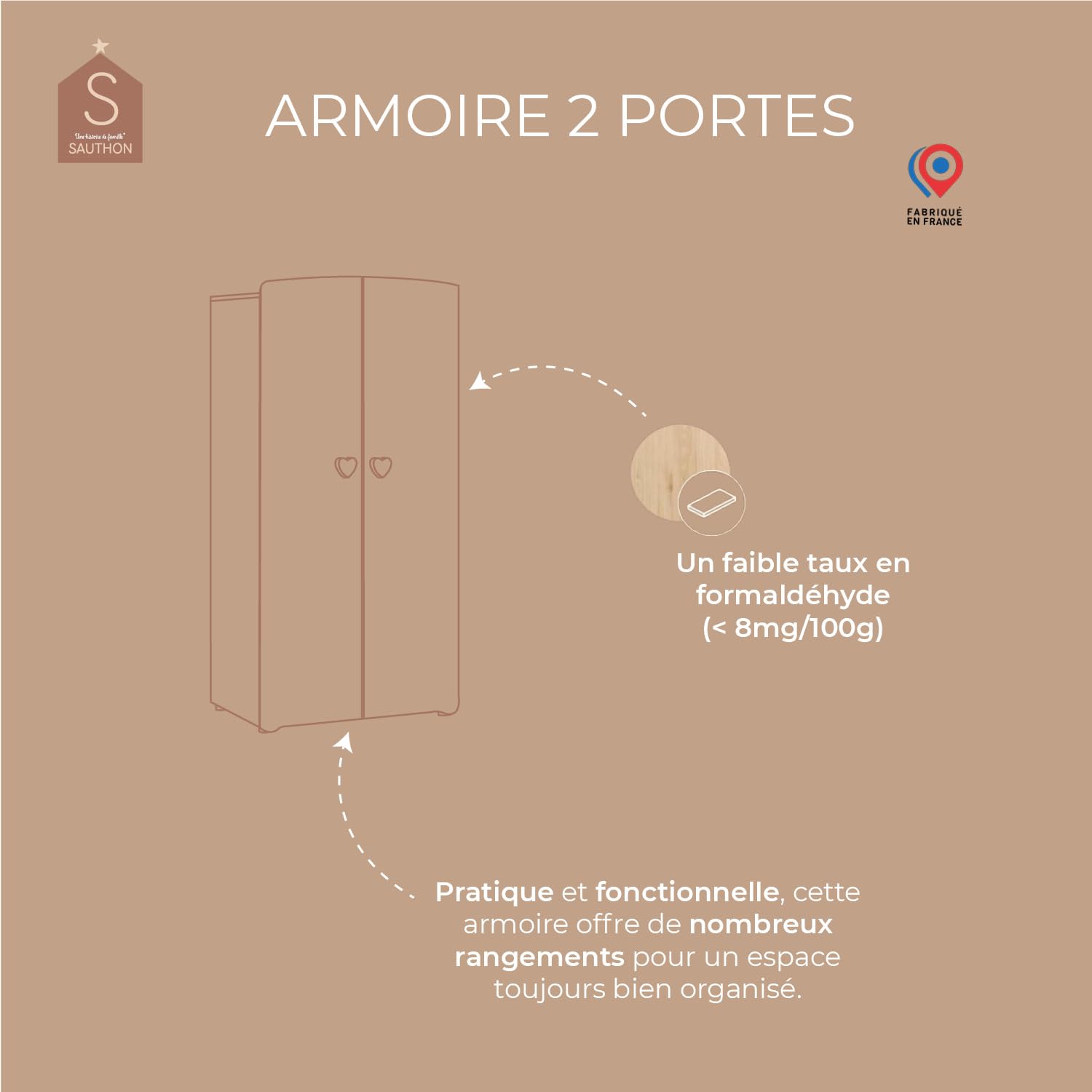 Armoire Enfant | Meuble Rangement Enfant 2 Portes | Boutons Coeur Rose Basic | 85 x 175 x 56 cm | Fabriqué en France | Babyprice par Sauthon