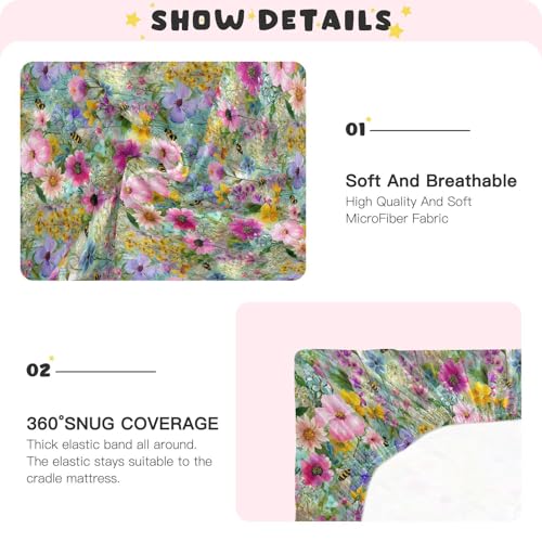 Image of Crib Sheet Breathable Soft Crib Mattress Sheet for Baby Toddler Boys Girls Fitted Crib Sheet Fit Standard Crib Mattress 39 x 27 Inch Colorful Bees Flowers
