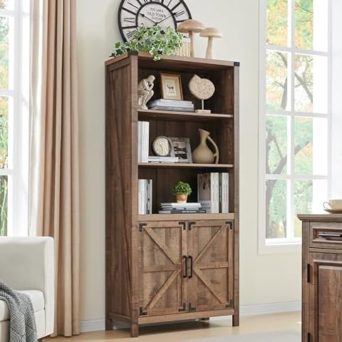 JXQTLINGMU 70" Farmhouse 5-Tier Storage Bookshelf-Bookcase with Adjustable Shelves & Barn Door, Kitchen Pantry Bathroom Organizer, Storage Cabinet for Living Room, Dining Room,Warm Brown Cover