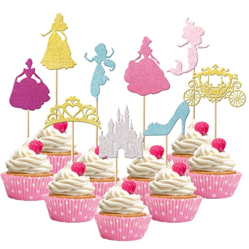 36 Pcs Princess Cupcake Toppers Glitter Mermaid Girl Castle Carriage High Heel Crown Cupcake Picks Fairytale Princess Theme Baby Shower Girls Birthday Party Cake Decorations Supplies Colorful #TOP19