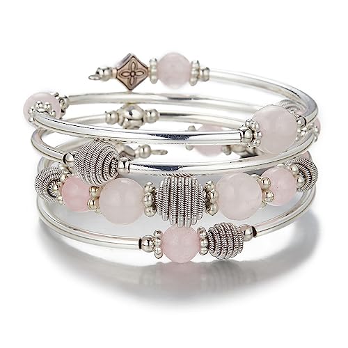 Bulinlin Bracelet enroulé en argent avec perles en pierre naturelle, style bohème, multicouche, cadeau d'anniversaire pour femme, Argent Cuivre Métal