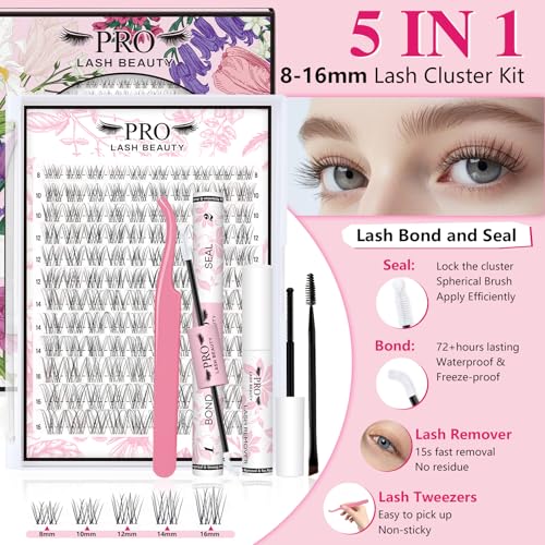 PRO LASHBEAUTY Natürliche Wimpern Extensions Lash Extension Set Invisible Tape Manga Lash Cluster Set Natürlicher Look Bindung und Siegel Wimpern Kleber Entferner Applikator(Venus,8-16mix)