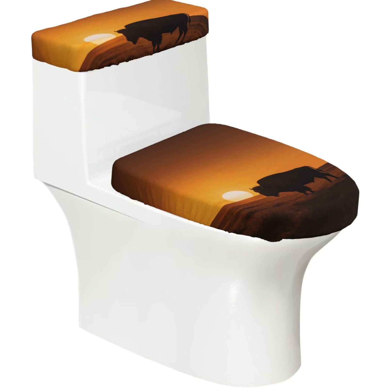 Sunset Buffalo Silhouette Elastic Toilet Cover Set of 2-Stretchy Lid and Tank Covers for Bathroom, Soft Washable U Shape Toilet Decor