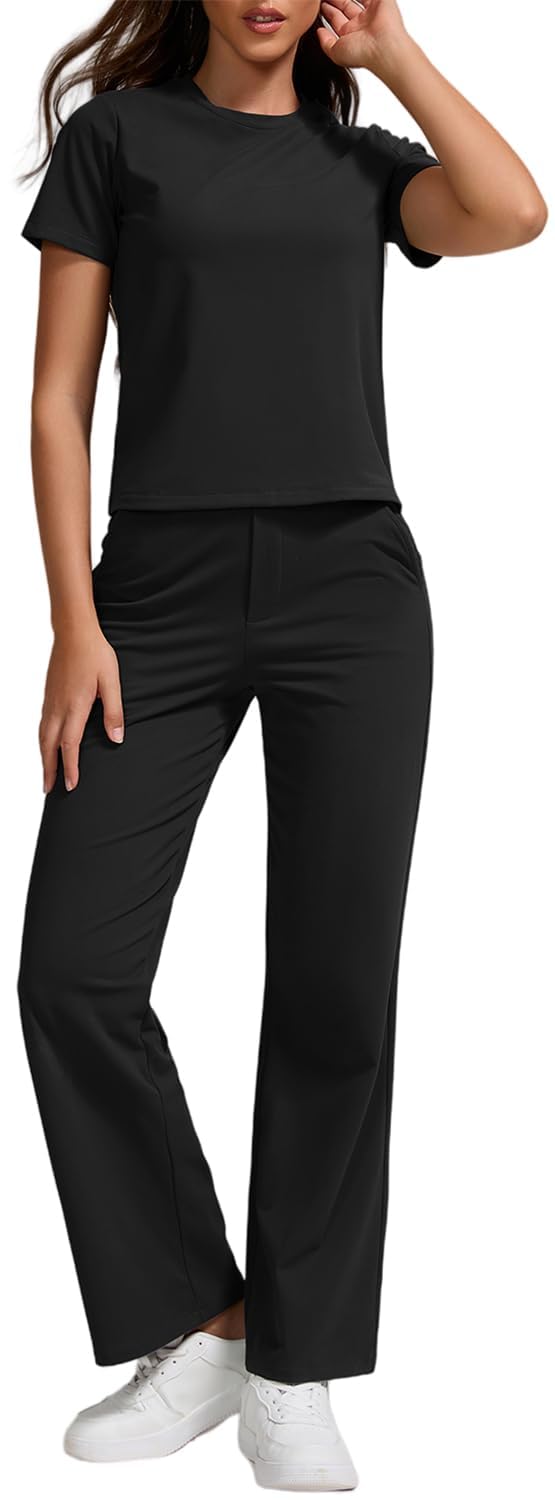 ZFLM Women Casual Loungewaer 2 Piece Outfits Short Sleeved Wide Leg High Waisted Pants with Pockets Tracksuit Sets Streetwear