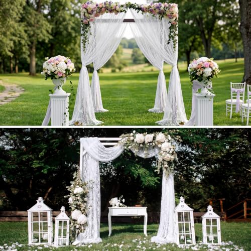 Image of HunnmingRe 4 Panel White Wedding Arch Draping Fabric Summer 30 inch X 18 FT Lace Wedding Arch Drapery Embroidered Boho Rustic Backdrop Vintage Decor for Bridal Shower Church Ceremony Decoration
