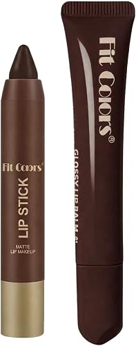 Fit Colors Matte Lip Liner Pencil and Glossy Lip Balm Set, Brown, Nourishing, Easy Lip Outlining