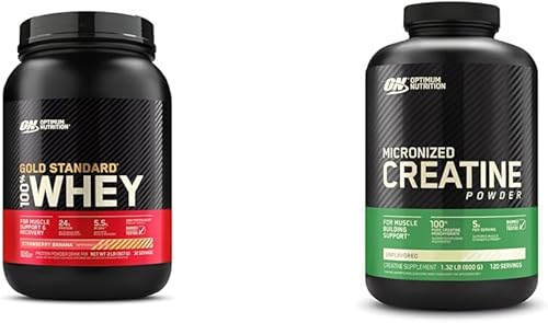 Gold Standard 100% proteína de suero en polvo, fresa y plátano, 2 libras (el embalaje puede variar) y monohidrato de creatina micronizada en polvo,