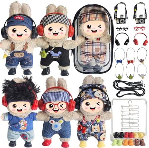 33 Pack Ultimate Fashion Bundle Compatible for Labubu Clothes Outfits,Stylish Cute Accessories with 6-Pack Clothes,Camera,Shoes,Necklaces,Sunglasses,Headphones,Display Rack Storage Bag for 17cm Dolls