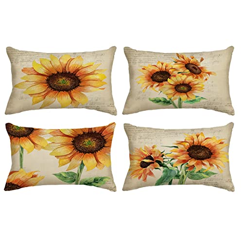 Neatee Living Set of 4 Sunflower Decorative Throw Pillow Covers 12x20 Inch Plant Pillow Covers Linen Lumbar Pillow Cases Summer Flower Outdoor Sofa Couch Home Bed Decor Cushion Covers (12 by 20)