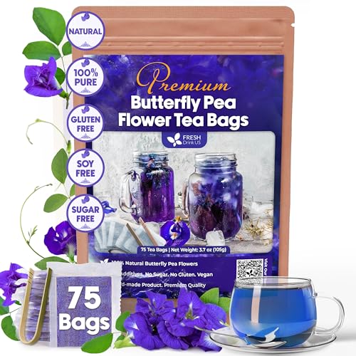 Image of FreshDrinkUS, Premium 75 Bags Blue Butterfly Pea Flowers, 100% Natural and Pure, Made with Eco-Conscious Tea Bag, No Sugar, No Caffeine, No Gluten, Vegan