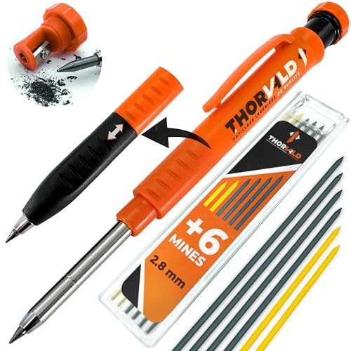 THORVALD Crayon Chantier PRO EXTENSIBLE (+ 7 MINE Multi-Supports + Taille Mine + Grip Easy-write) Porte Mine pour Menuisier, Bricolage, Dessin, Tracer sur Bois Metal, Béton, Carrelage