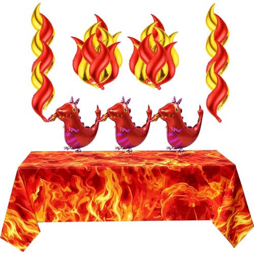 VoraWhte 24 Pcs Fire Theme Party Supplies lncludes Walking Dragon Balloons Flame Tablecloth Red and Gold S-Shaped Balloon Inflatable Balloons for Birthday Red Party Decorations
