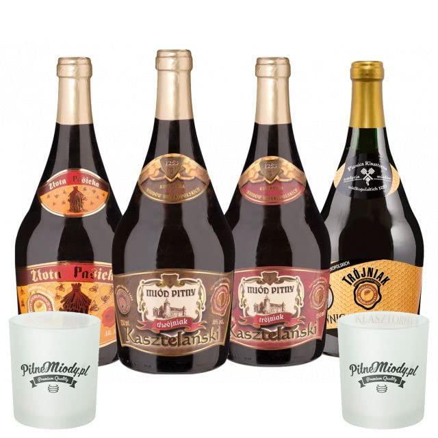 Set mit 4 TiM Mets (Honigwein Dwójniak-Halber / 3x Trójniak-Drittel) mit 2 Bechern | 3000ml | 13-16% Alkohol Metwein | Polnische Produktion