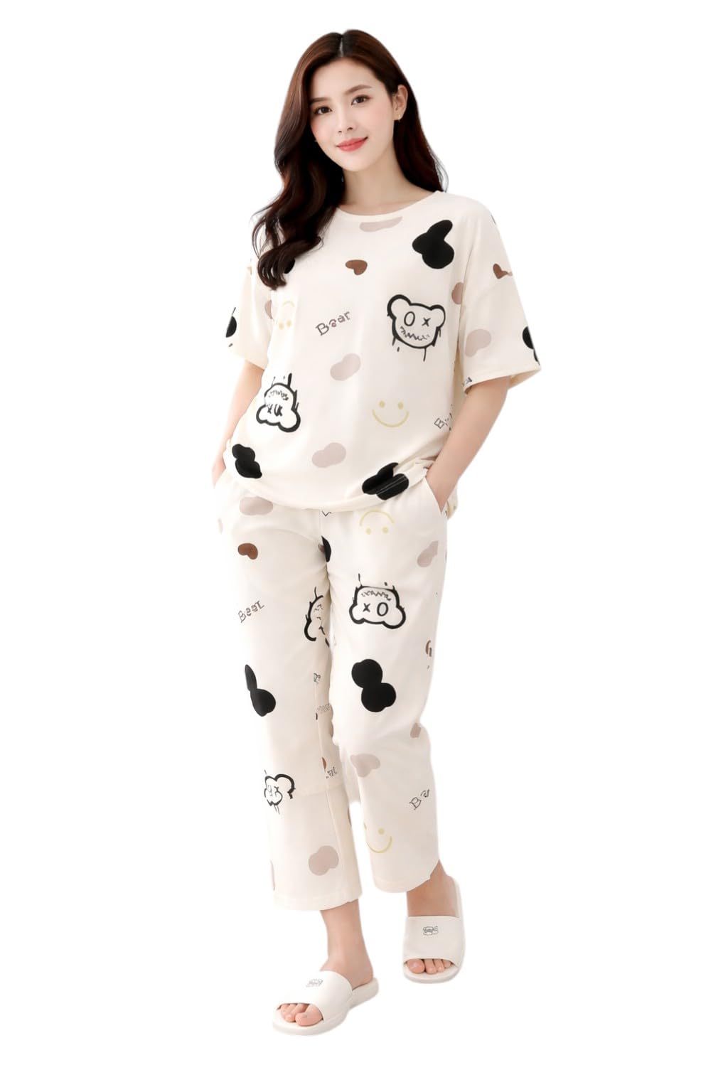 nosequeen Women's Cotton Night Dress Top & Pajama Set | Summer Nightwear | Soft Breathable Sleepwear Korean Everyday Nightsuit-picture-10