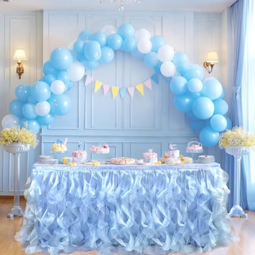 Image of Luxury Organza Mesh Table Skirt Draping Floating Romance - Perfect for Bridal Showers, Birthday Weddings - Clear Flowing Decoration for a Wonderful Main Cake Table (Sky Blue-6ft, 72 inchLx30 inchH)