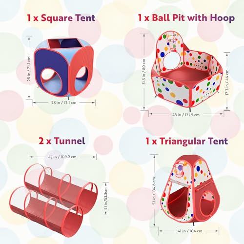 Image of Playz 5pc Pop Up Play Tent and Crawl Through Tunnels for Kids w /Carry Bag | Ball Pit for Toddlers with Play Tunnels, Baby Tents Indoor playground for age 3+ Boys and Girls [Pit balls not included]
