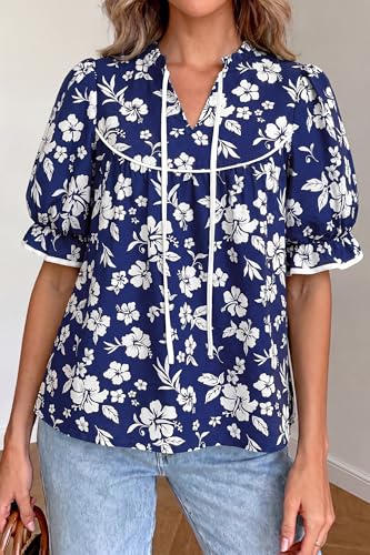 PRETTYGARDEN Womens Summer Tops 2026 Cute Puff Sleeve Ruffle V Neck Babydoll T-Shirts Boho Floral Fall Peplum Shirts(Navy Blue White Flower,Small) — view 5