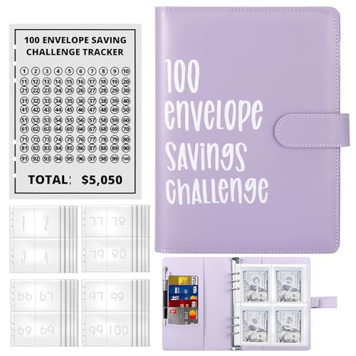 ALLOMN 100 Briefumschläge, A5 Geldsparung Geldordner Organizer Geldsparmappe mit transparenten Geldumschlägen und Magnetknopf für Paare, Büros, Zuhause, Schule (Violett)