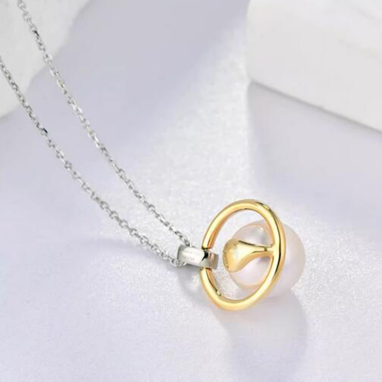 Łańcuszek na szyję długi, elegancki, łańcuszek na szyję dla przyjaciółki z perłą 9 mm ze szlifem okrągłym diamencik białe złoto i żółte złoto