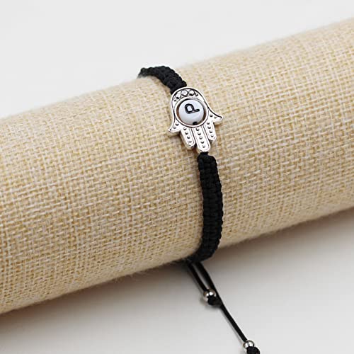 Image of Uloveido Customized A to Z 26 Letters Hand of Fatima Bracelet - Fatima Hamsa Hand Evil Eye Protection Bracelet Lucky Charm Adjustable Braided Black String