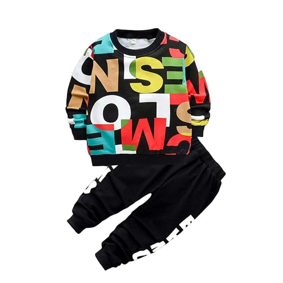 Hopscotch Boys Cotton and Spandex Full Sleeves Text Printed Sweatshirt and Jogger Set in Black Color