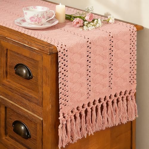 FEXIA Pink Table Runner 72 Inches Long with Tassels Boho