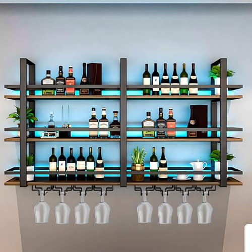 amhricho Wine Rack Wall Mounted with LED Lights, 3 Tier Metal Liquor Floating Display Shelves, with Wine Glass Rack, Iron & Wood Industrial Wall Wine Rack, for Bar, Kitchen, Cafe (Black, 100cm)