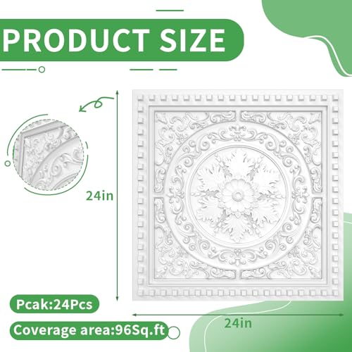 LooYee 24 PCS 2x2 FT Luxury Carved Circle Decorative Ceiling Tiles, 24x24 Inch 3D Modern Minimalist Ceiling Panels, PVC Waterproof Cuttable Material Ideal for Living Room Bedroom Cover 96 Sq.Ft by LooYee - Used condition - Image 2