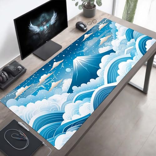 YEYUMEOZ Tappetino per Mouse Gaming Montagna, Tappetino Mouse Grande 800x300x3mm, Idrorepellente Base in Gomma Antiscivolo Sottomano, XXL Mousepad Blu con Bordi Cuciti per Ufficio Gaming PjY12023 Q-3