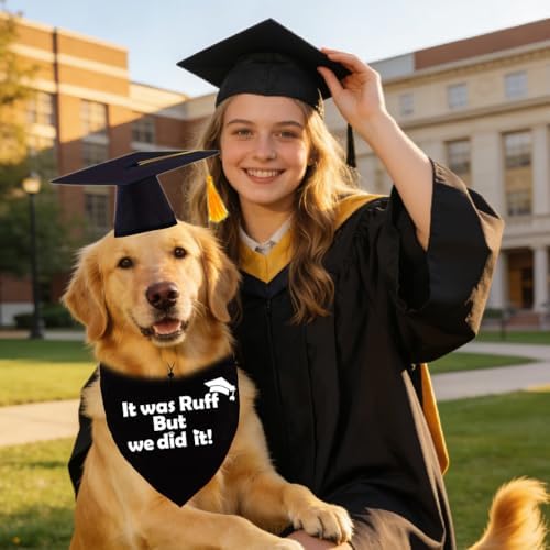 2026 Dog Graduation Bandana and Cap Set It was Ruff but We Did It Black Graduation Dog Outfits with Tassel Adjustable Graduation Cap for Small Medium Large Dogs Cute Pet Costume Photo Prop Cotton