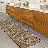 Gold Brown 2x6 Bathroom Runners Non Slip Washable, Low-Pile Runner Rugs for Kitchen, Entryway, Hallway, Laundry Room, Bedroom Bedside, Vintage Floral Stain Resistant Soft Carpet