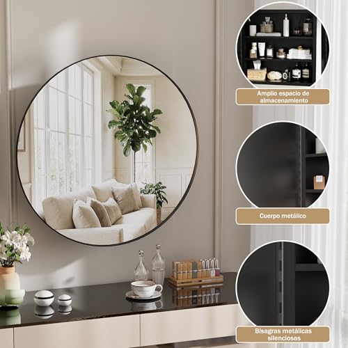 Ztexkee Armario Baño con Espejo de Metal Redondo Armario de Pared Colgante con 2 Estanteria Negro (No Requiere ensamblaje) 52x12.5x52 cm - imagen 7