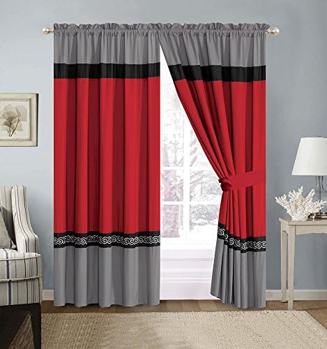 GrandLinen 4 Piece Red/Grey/Black/White Scroll Embroidery Microfiber Curtain Set 120 inch Wide X 84 inch Long (2 Window Panels, 2 Ties)