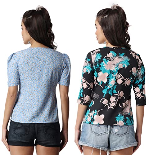 Image of POPWINGS Casual Floral Printed Round-Neck Puff-Sleeves Tops Combo for Women