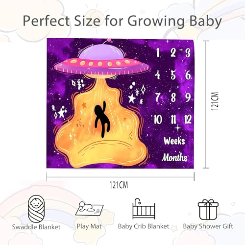 Image of UFO Baby Monthly Milestone Blanket, 48x48in Soft Flannel, Alien Round Spaceship, Newborn Mom Gifts, Baby Shower Age Growth Tracker with Bonus Maker (Purple Pink, 48x48in)