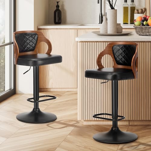 Oikiture 2X Bar Stools, Kitchen Gas Lift Swivel Bar Chairs Wooden Barstool, Black