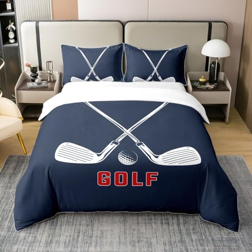 100% Nature Cotton Golf Club Duvet Cover Twin Size,Boys Men Sports Theme Ball Game Super Soft Bedding Set for Kids Teens,Retro Navy Blue Print Comforter Cover Bedding 2 Piece (No Comforter)