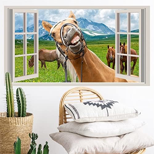 Funny Horse Wall Stickers Farm Animals Wall Decals Peel and Stick 3D Fake Windows Wall Stickers Vinyl Wall Decal Wild Horse Decor Horses Wall Art Mural for Living Room Playroom Bedroom Home Decor Gift