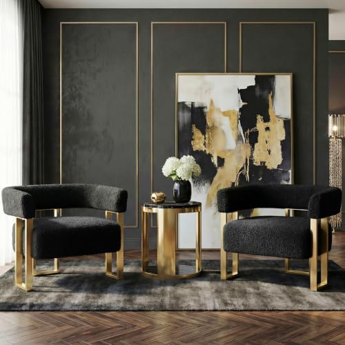 Image of Black and Gold Accent Chairs Set of 2, Boucle Barrel Chairs for Living Room | STHOUYN Boucle Upholstery, Curved Bucket Design, Bedroom Chair, Gold-Tone Base, Armchairs for Office, Small Space Seating