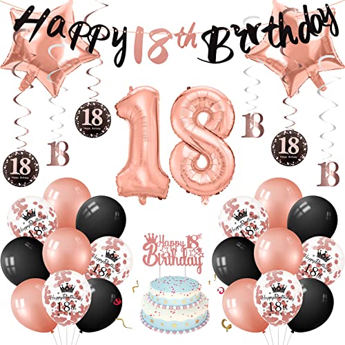 Deko 18. Geburtstag Mädchen, 18 Geburtstag Deko Folienballon Happy Birthday Banner, Luftballons Rosegold Geburtstagsdeko, 18 Geburtstag Mädchen Party Deko Supplies Tortendeko Swirl Spiralen Cover