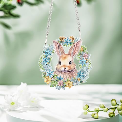 Image of AiYuanzsh Bunny Wreath Diamond Painting Hanging Kit, 5D DIY Acrylic Special Shaped Diamond Art Pendant Ornament Board for Wall, Door, or Garden Decor, Easter Diamond Art Kit for Adults